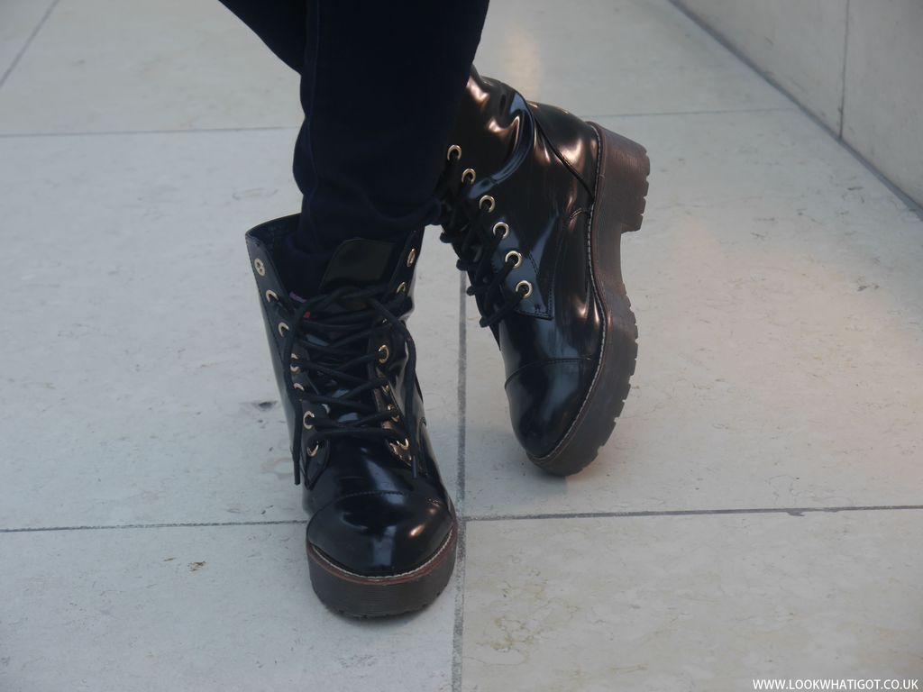 RIVER ISLAND BLACK PATENT LACE UP BOOTS 