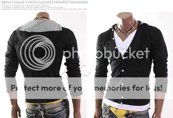 New Mens Layered V neck Hoodie Button Cardigan Shirt Black Cotton Size 